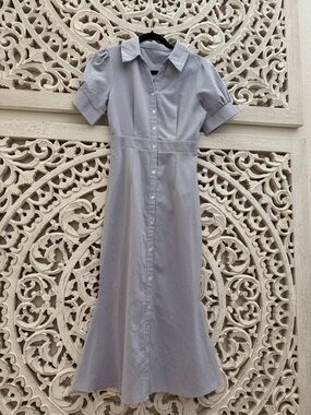 Tailored Light Blue Midi Shirt Dress with Button Front